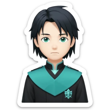 Tokito Muichiro emoji style — calm boy with long black hair fading mint green, turquoise eyes, pale skin, dreamy face, wearing dark Demon Slayer uniform, black + teal tone, anime cute clean style. sticker