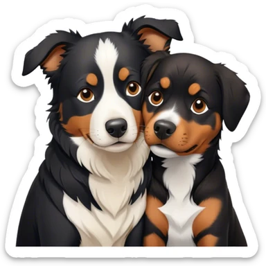 A black and white Border Collie and a Rottweiler snuggling together. sticker