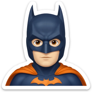 generate a batman emoji with just the face and neck showing and part of the cloak and and wings. Shade the mask in dark navy blue. Shade the wings in a medium olive green. Shade the cloak in a solidt vibran orange sticker