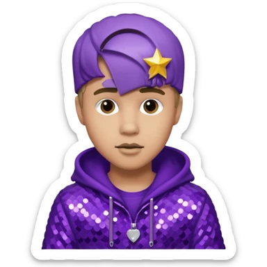 Justin Bieber with light skin, dark blonde hair, purple sequin outfit sticker