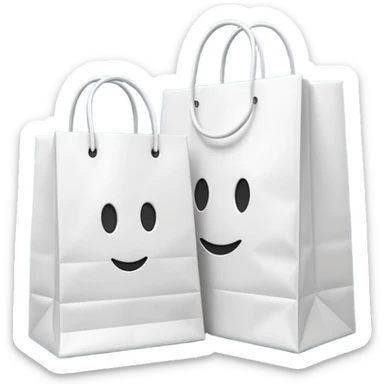 A 3D emoji of two white paper shopping bags, one large and one small, standing next to each other. Soft studio lighting, smooth 3D rendering, claymorphism style, minimalist design, cute, high resolution, isolated on a white background. sticker