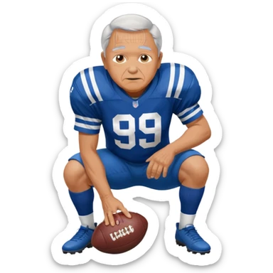 A grandpa playing football wearing an Indianapolis Colts jersey is. Show him kind of crouch down to the ground, holding the football and show  back of his jersey. sticker
