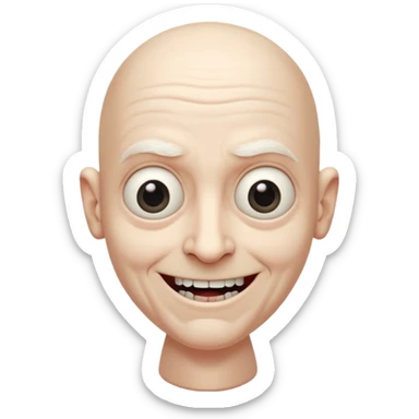 A bald person who’s very old is staring, he’s inside a toilet and his head is upright and looking at the camera with very wide eyes and a massive smile, in a very creepy way. sticker