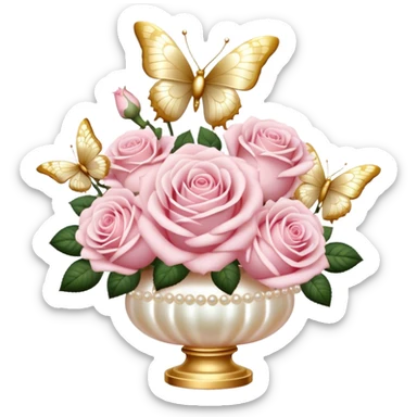 Realistic aesthetic bouquet of light pink roses in a pearl vase and a ivory bow with gold decoration and a butterfly with gold and beige wings sticker
