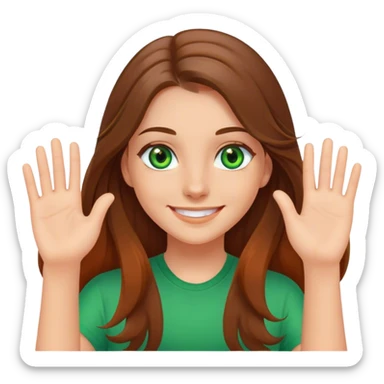 smiling girl with long brown hair, middle hair split, waving, green eyes, orange shirt sticker