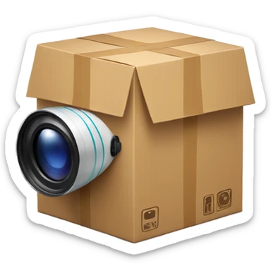 A cardboard box package with video camera. sticker