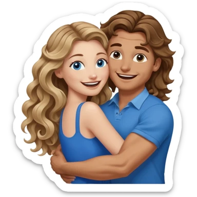 Women with blue eyes and very long, brown blond balayage curled hair in the arms of a man with strong arms a straight face, a very sexy man blue eyes. They are laughing at each other   sticker