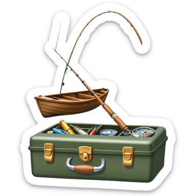 Icon for Fishing: a boat on the shore of a peaceful water body with a beautiful natural landscape, a fishing tackle box, a spinning rod. The icon should capture the tranquility and gear of a fishing adventure. Without frame. Transparent background. sticker