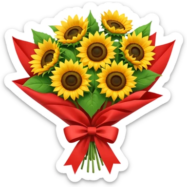 bouquet of sunflower with red bow and red wrapping paper sticker