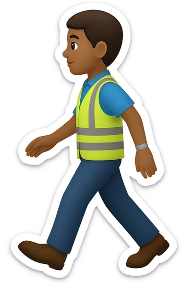 Create a full-body person walking, wearing a high-visibility jacket, no hard hat, in the style of apple emojis, with no background (transparent). sticker
