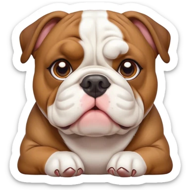 Cinematic Cute Brown and White English Bulldog Portrait Emoji, Head tilted playfully and inquisitively, featuring a glossy brown and white coat with distinct patches, round, sparkling brown eyes filled with curiosity, Simplified yet irresistibly adorable features, highly detailed, glowing with a warm, friendly glow, high shine, affectionate and charming, stylized with a touch of whimsy, bright and endearing, soft glowing outline, capturing the essence of a mischievous yet loving companion, so playful it feels like it could bound out of the screen and into your arms! sticker