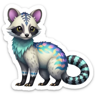 Rare iridescent white exotic epic aesthetic colorful Trico-Civet-species-Fakemon-hybrid-creature, with intricate tattoo markings, full body sticker
