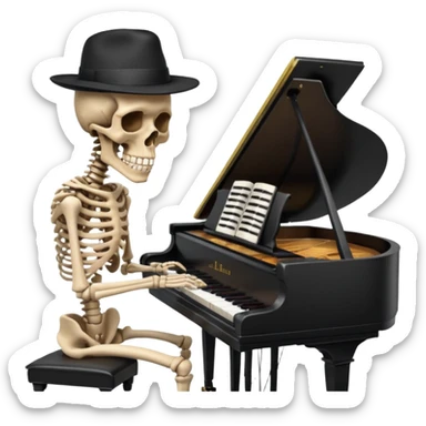 a human skeleton in anatomical proportion wears a black hat and plays the piano sticker
