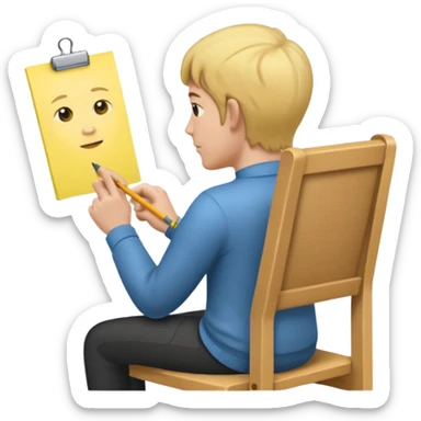 Memoji sitting on a chair from behind (pnly hair and back of the chair shown) writing on a sticky note  sticker