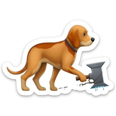 Pack hound standing on green grass pulling an anvil with an electric shaver under anvil  and show cut a path behind anvil.showing a shaven  path along green grass by leads or chains. Show the shaver cutting the grass sticker