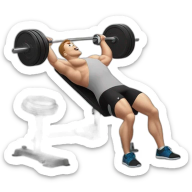 white man on a weightlifting bench, using portable computers as dumbbells instead of traditional weights, while he performs a bench press exercise with enthusiasm sticker