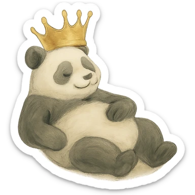 Place a crown on the relaxed panda reclining against the bamboo, preserving the tranquil and dreamy style. Remove the background to isolate the subject. Maintain the tranquil and dreamy atmosphere of the original image. sticker