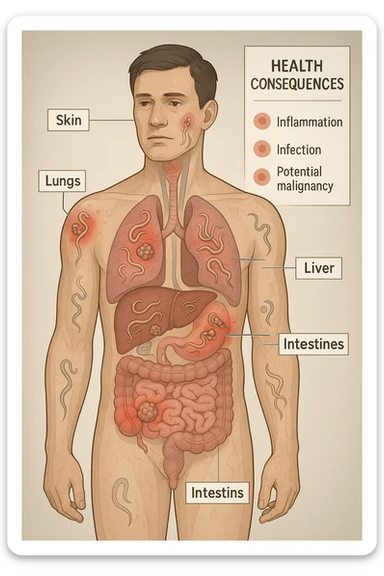 a semi-transparent view of a man’s body reveals numerous parasitic organisms inside his organs and tissues. Some areas are highlighted with red or inflamed zones, and small tumor-like masses are visible where the parasites cluster. The background is clinical and educational, with labels pointing to affected organs and a sidebar showing the health consequences. sticker