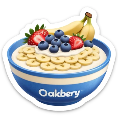 a acaii bowl with milk powder layers and blue berries strawberries and banana on top make the logo of the brand say oakberry sticker