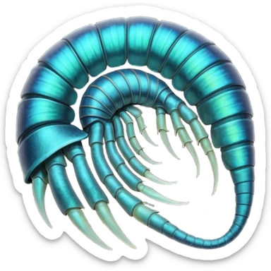 An iridescent, chitinous trilobite with glowing cyan eyes pulses rhythmically as a miniature black hole orbits its brow, distorting space-time. Its fractal-patterned exoskeleton shifts colors unsettlingly, and its mouth opens into a spiraling void that hums with forgotten whispers. sticker