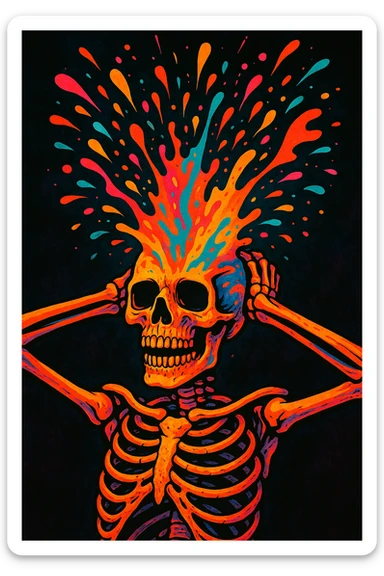skeleton with hands behind head, head erupting, vivid and eye-catching sticker