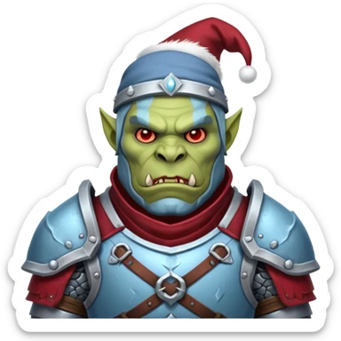 
Fantasy Christmas orc legion soldier icon, iron tundra army theme, heavy winter armor, disciplined brutal look, icy blue steel armor with deep crimson accents, frozen metal texture, cold winter atmosphere, male variant sticker
