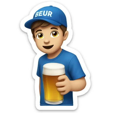 A fourth year old man with brown hair on his birthday with a blue suburu t shirt having fun drinking a beer sticker
