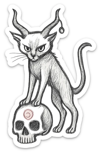 Adjust the cat so its front legs are extended, as if standing on the skull, keep the realistic hand drawn style with dynamic outlines, no fill, preserve the charm on the horn, the red spiral on the skull, and transparent background. sticker