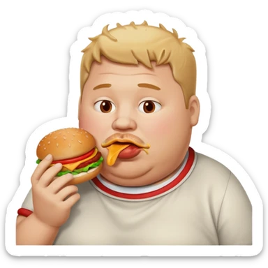 A fat guy eating a burger with ketchup all over his mouth sticker