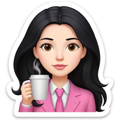 business dressing pink clothes woman  caucasian with a long black hair drinking coffee sticker