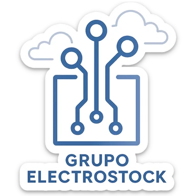 logo for Grupo Electrostock, abstract circuit pattern, blue and silver, futuristic, clean lines, business style sticker