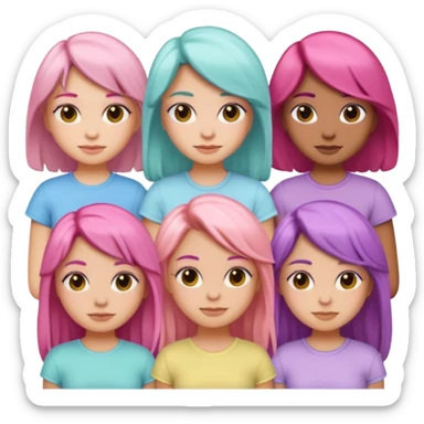 emoji of five girls in a row, each with unique hair color and pastel tops, group emoji style sticker