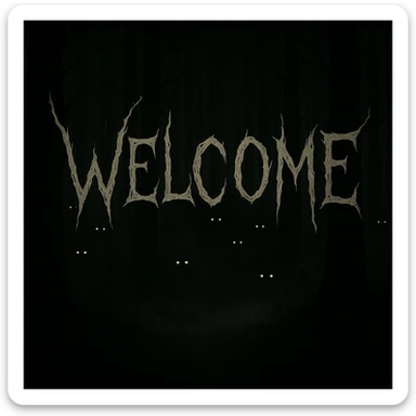 Add the word 'Welcome' in creepy, horror-themed text, integrated into the shadowy forest banner. The text should look like it belongs in the dark, mysterious forest setting, with a chilling vibe. sticker