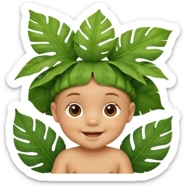 a baby with jungle wearing a large leaf headgear bye  sticker