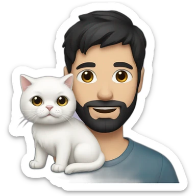 a man with black short hair and beard holding a white persian cat sticker