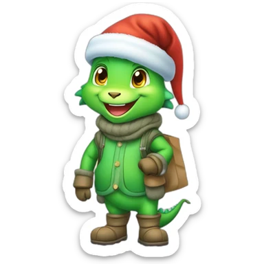 happy little green cartoon dragon of child, in winter, in work pants, in work clothes, in winter boots, in a Santa Claus hat, New Year, with presents sticker