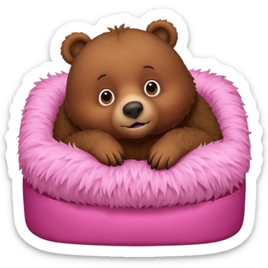 A brown bear in a pink bed, upside down and looking at the viewer with a quirky expression. sticker