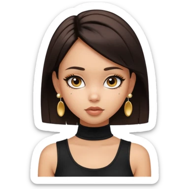 generate a pretty bratz girl in black cami top, dark brown straight short hair, eyeliner on. dark brown eyes. Wearing sleeveless white turtleneck, gold stud earrings sticker