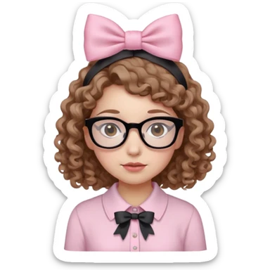 White skin, curly light brown hair girl with black glasses, brown eyes, light pink bow on her head, light pink shirt  sticker