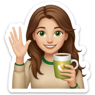 Long, Brown haired girl with middle hair part, green eyes, gold hoop nose ring, smiling, waving with one hand, coffee mug in the other sticker