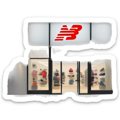 “New Balance store exterior with a clean, modern facade, the iconic ‘N’ logo, large windows showcasing athletic footwear, and a minimalist entrance.” sticker