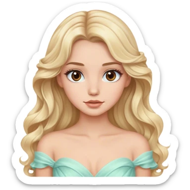 Blonde model with brown eyes, long wavy hair, pastel gown sticker