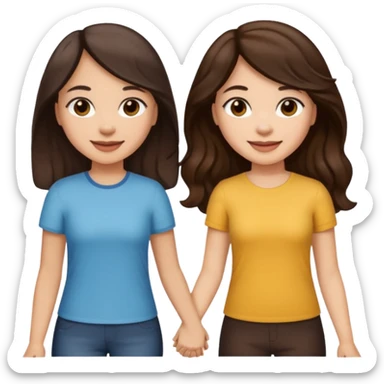 Longer wavy hair for one and straight for the other both dark brown hair. Light skin tone holding hands. Both woman sticker