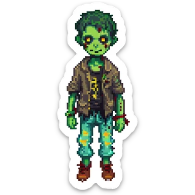 zombie boy, pixel art, retro game style, green skin, tattered clothes sticker