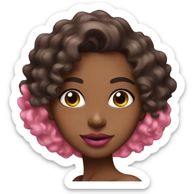 Woman with big pink lips, somewhat curly dark brown hair, and a thin neck wearing a pink bikini sticker