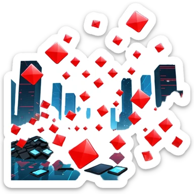 Virtual metaverse grid being flooded with digital waste: floating junk files, corrupted avatars, error signs blinking everywhere, neon red alert signals, sky of code raining down trash, holograms malfunctioning, futuristic city backdrop crumbling,  sticker