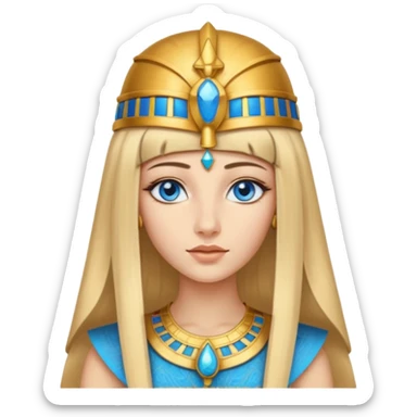 Cleopatra vestita da faraone con il cappello da faraone ma con gli occhi azzurri e i capelli lunghi biondi non troppo chiari con il cappello da faraone dorato senza frangia capelli lunghi  sticker