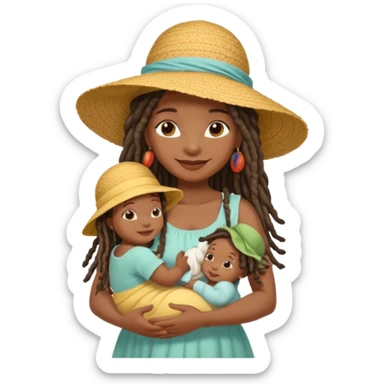 A black mom with long dread lock hair in a sunhat holding her baby gently, wearing a sun-dress while smiling softly. sticker