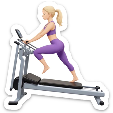 A girl doing a pilate exercize on her machine. We have a side view of her sticker