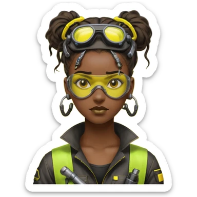 Cyberpunk black female mechanic, yellow tech goggles on forehead, messy hair bun, ear piercings, tool collar, grease smudge on cheek, focused expression, neon yellow lighting sticker